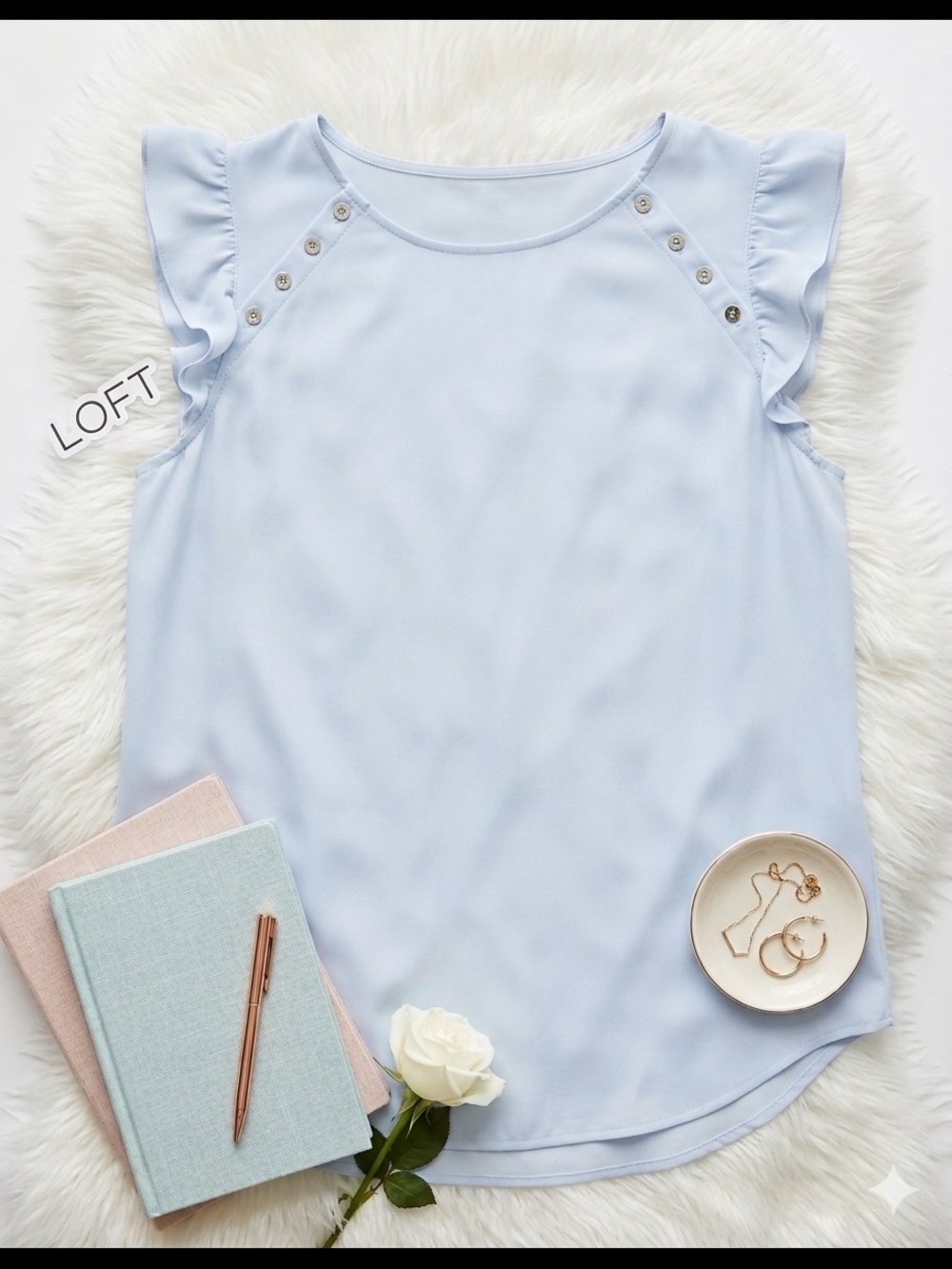 LOFT Pale Blue Ruffle Cap-Sleeve Shell with Button Detail